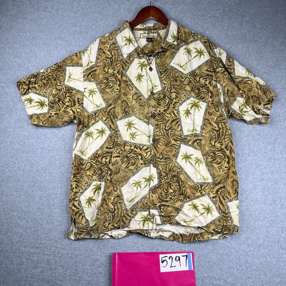 Tommy Bahama Shirt Large Silk Hawaiian Tribal Palm Button Up Short Sleeve Mens
